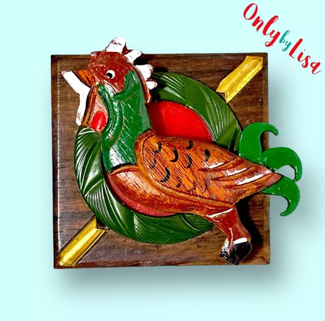 Bakelite & Wood Carved Rooster Figural Bird Brooch, Pin