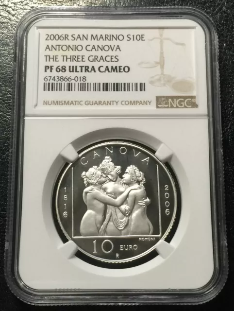 San Marino 10 Euros 2006 Silver NGC PF68UC  Sculptor Antonio Canova Graces