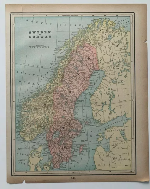 1893 Map of Sweden & Norway Gaskell's Family & Business Atlas antique Denmark