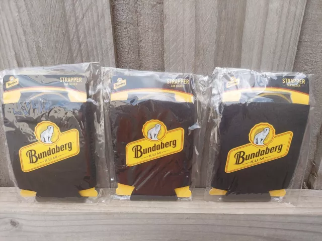 3 Bundaberg Rum Neoprene Flat Folding Strapper Stubby Can Coolers - Bundy Bear