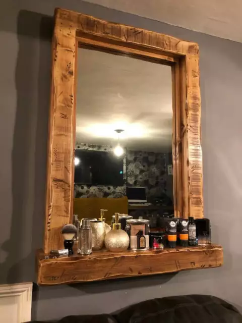 Large Rustic Reclaimed Wooden Mirror with shelf hairdressers barber shop wall