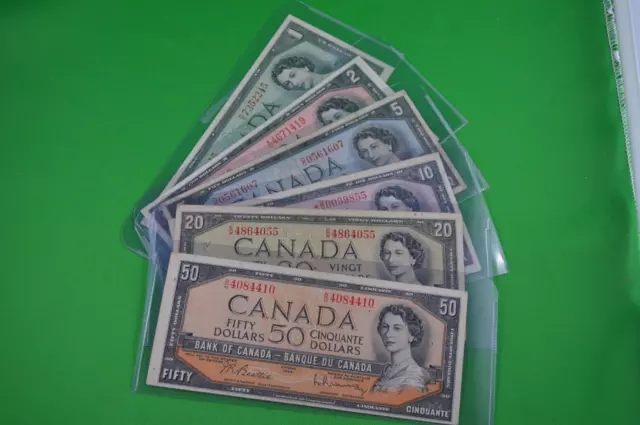 Six 1954 Canadian Bills   $1  $2  $5  $10  $20  $50