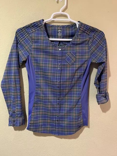 REI Purple Plaid Long Sleeve Roll Tab Snap Button Tunic Top Shirt Sz XS A2