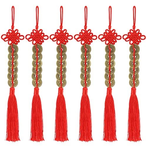 Set of 6 I-Ching Feng Shui Coins with Red Chinese Knot String Vintage Lucky Coin