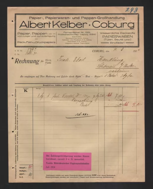 COBURG, Rechnung 1924, Albert Kelber Papierwaren-Pappen-Grosshandlung