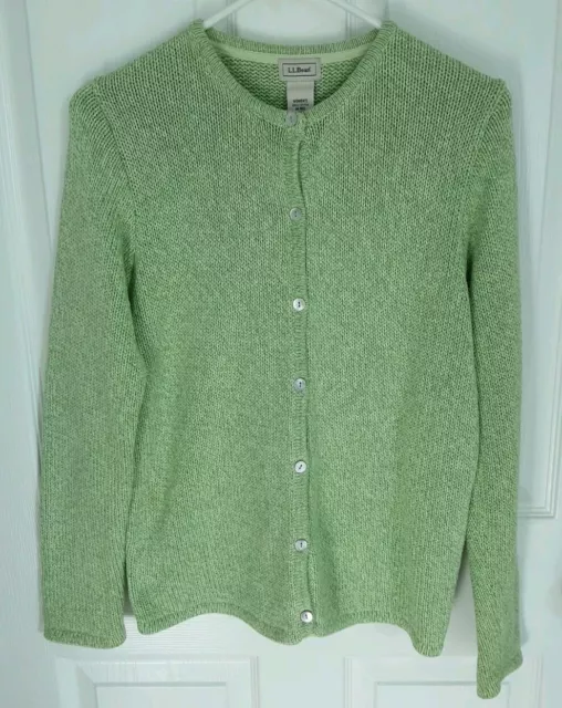 LL Bean VTG Womens  M Lime Green  Button Up Cardigan Sweater 100% Cotton Spring