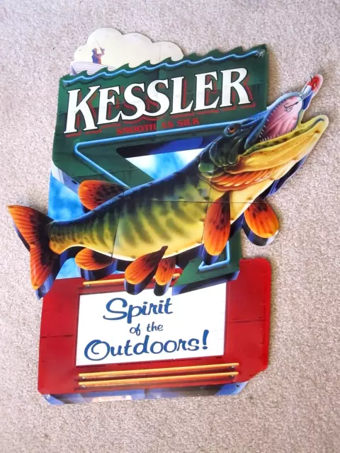 Vintage 1998 Tin Sign Advertising Kessler Whiskey Fishing Musky Bar Man Cave