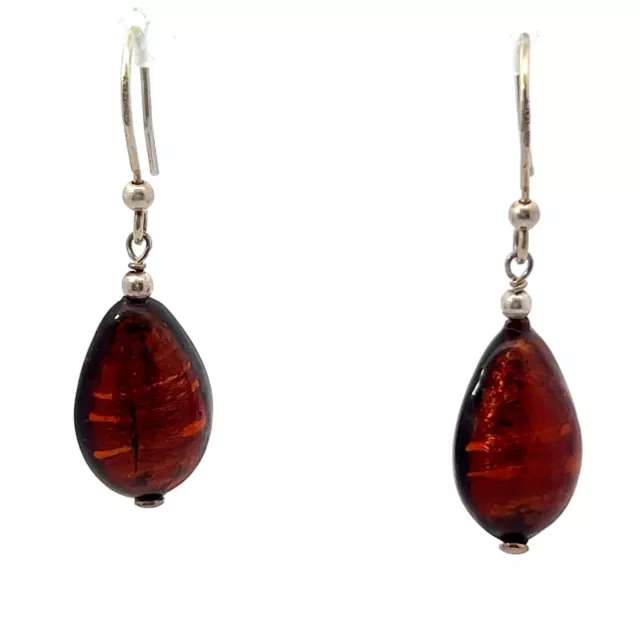 Murano Sterling Silver Oblong Deep Orange Red Italian Glass Drop Bead Earrings 