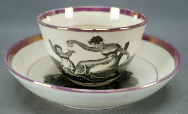 Antique British Pink Luster Bat Print Mother & Daughter Tea Cup & Saucer C. 1810