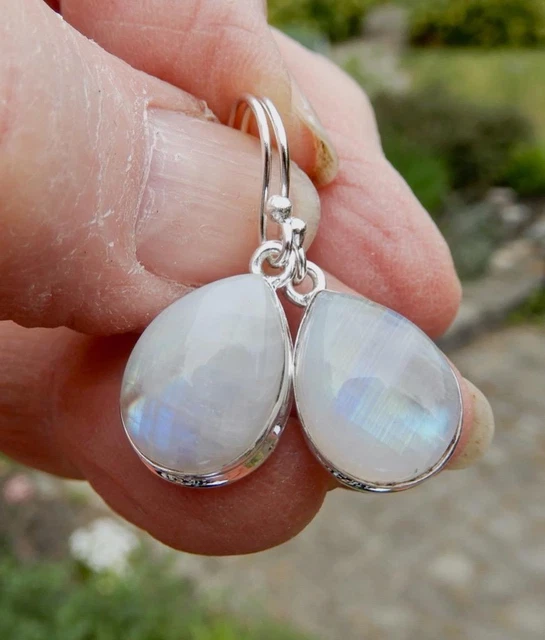 Rainbow Moonstone Flashy Teardrop Earrings 925 Sterling Silver For Good Fortune
