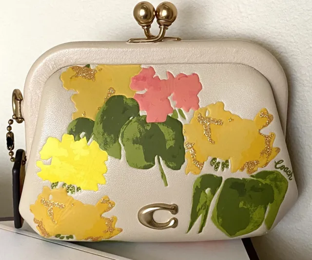 New Coach Floral Watercolor Painted Glitter Kisslock Coin Purse Cc485 Gift Box