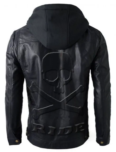 Men's Leather Brando Cafe Racer Skull Embossed Black Biker Jacket