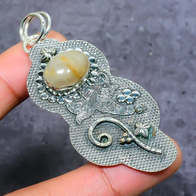 Golden Rutile Gemstone Handmade 925 Sterling Silver Jewelry Pendant 2.56" L417