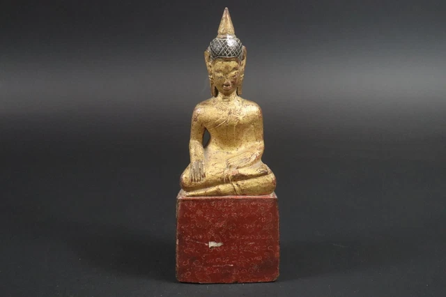 Meditierender Buddha geschnitzte vergoldete Holzfigur Inschrift Burma (EV856)