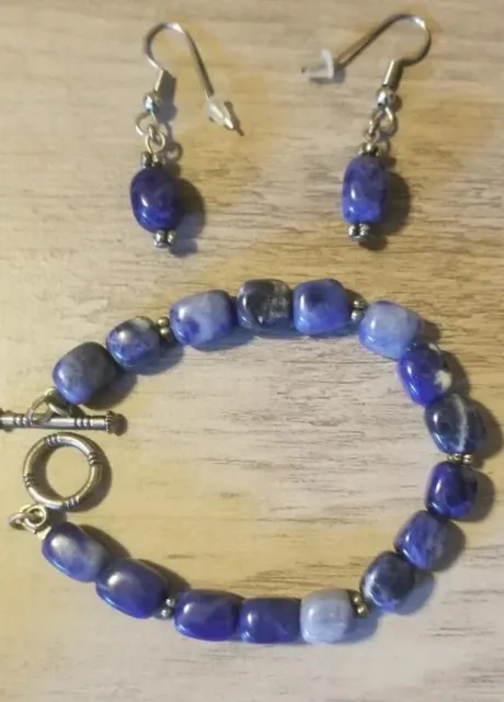 Semi Precious Sodalite Bracelet 7” And Matching Earrings With Silver tone Beads
