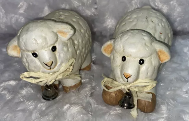 Vintage Hand Painted Ceramic Two Sheep Lamb Figurines 3” Has Minor Paint Loss