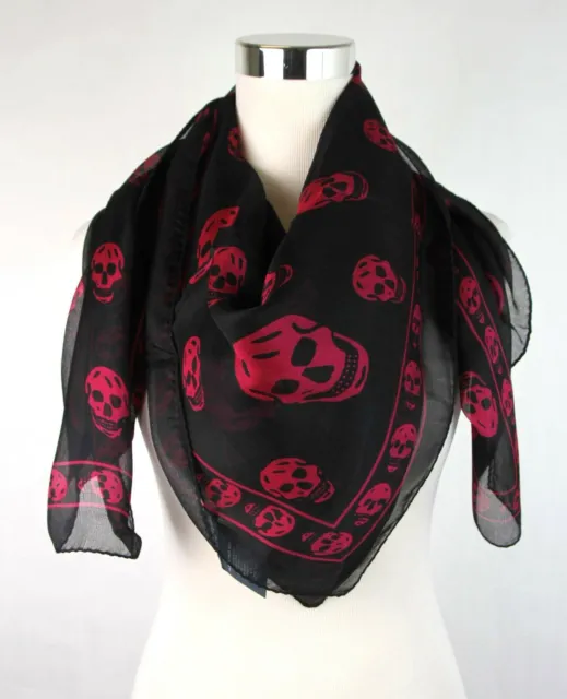 Alexander McQueen Black Chiffon Silk Scarf w/Purple Pink Skull Print 110640 1071