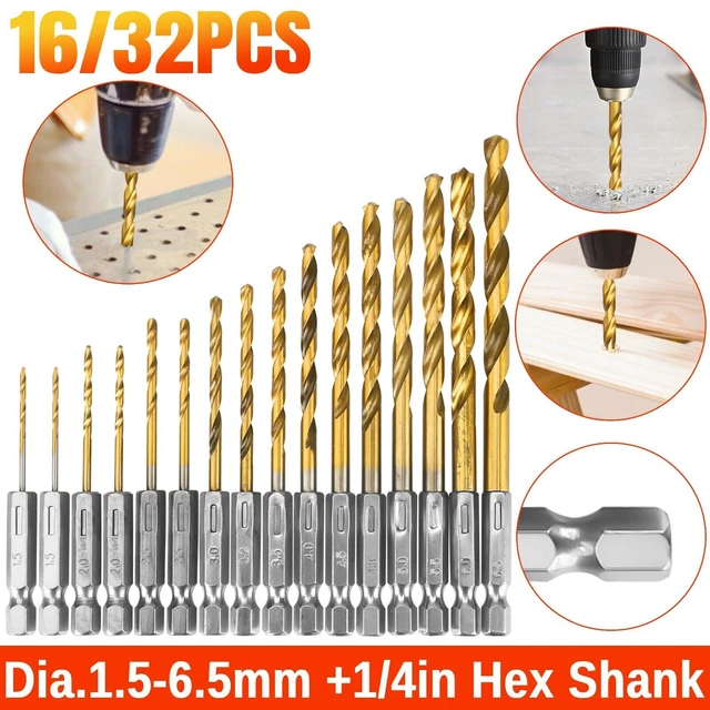 32/16x Drill Bit Set Hex Shank Titanium Coated HSS High-Speed Steel Quick Change