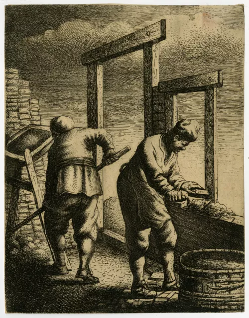 Antique Master Print-GENRE-BRICKLAYING-BUILDING-Van Vliet-Ca. 1630