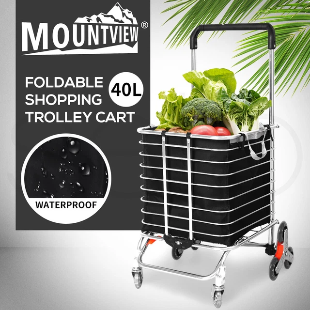 Mountview Foldable Shopping Cart Trolley Basket Grocery Portable Black 40L Wheel