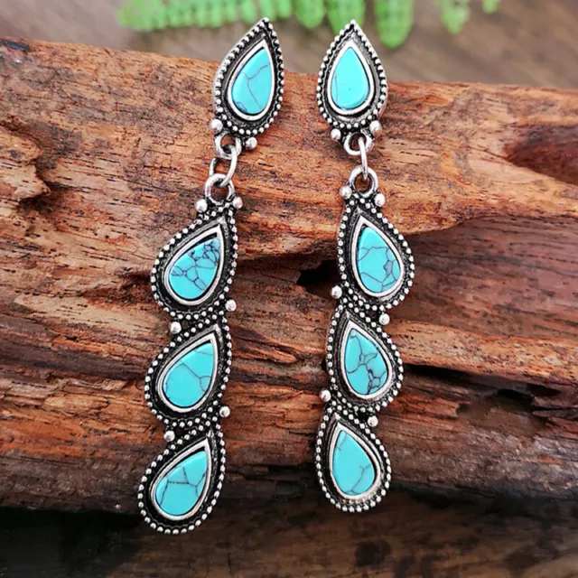 Turquoise Earrings Hook Dangle Drop Vintage Women Western Ethnic Boho Jewelry