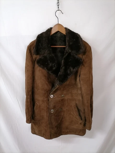 SHEARLING MONTONE Cappotto VINTAGE IN PELLE Doppiopetto Giacca Tg 50 Uomo C