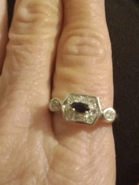 Vintage Avon Silvertone Rhinestone And Faux Sapphire Ring. Size 9.25