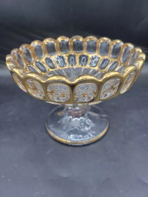 Vintage Fenton Thumbprint Compote Pedestal Bowl Dish Clear Gold Accents
