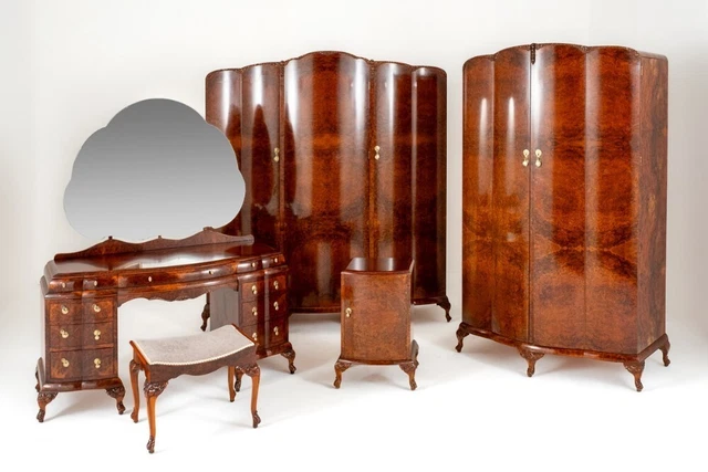 Period Art Deco Bedroom Suite Dresser Wardrobe Stool Bed