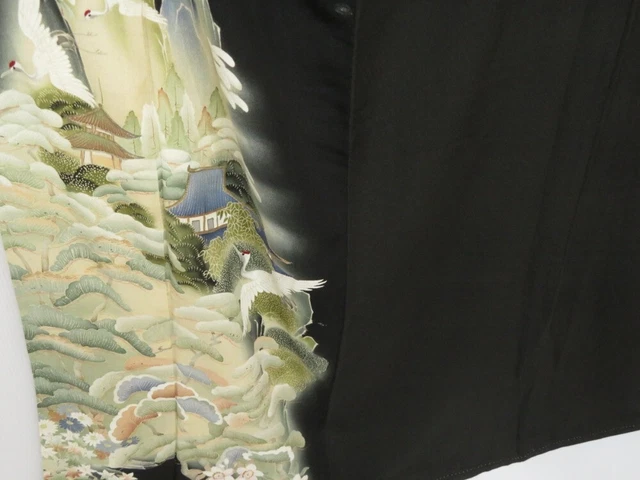 1702T04z800 Antique Japanese Kimono Silk TOMESODE Scenery Black 3