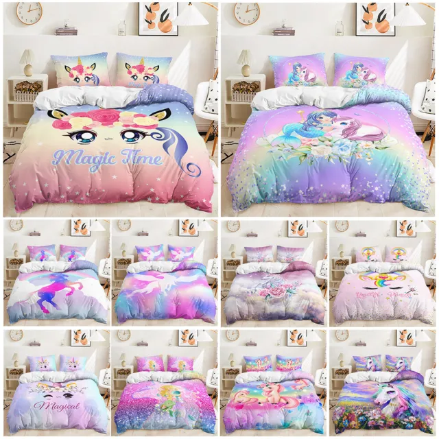 Rainbow Unicorn Princess Mermaid Magic Floral Doona Duvet Quilt Cover Bed Set