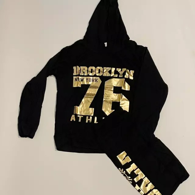 Girls Brooklyn 76 Black Gold Tracksuit Outfit Top Leggings Age 7 8 9 10 11 12 13