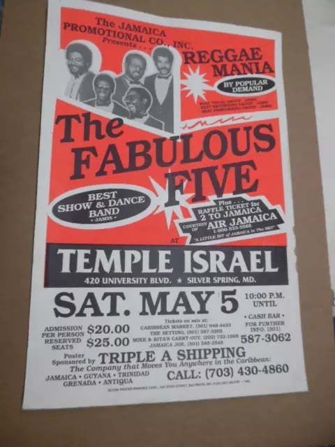 Vintage Fabulous Five Reggae Concert Poster Silver Spring MD Vintage Original