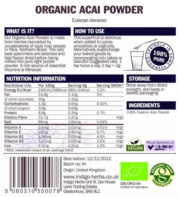 Polvere di bacche di Acai biologica 50 g liofilizzata, ricca di sostanze nutritive - erbe indaco 2