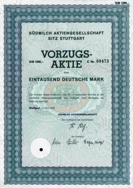 Südmilch AG 1972 Milchverwertung Stuttgart Heilbronn 1000 DM Campina Melkunie VZ