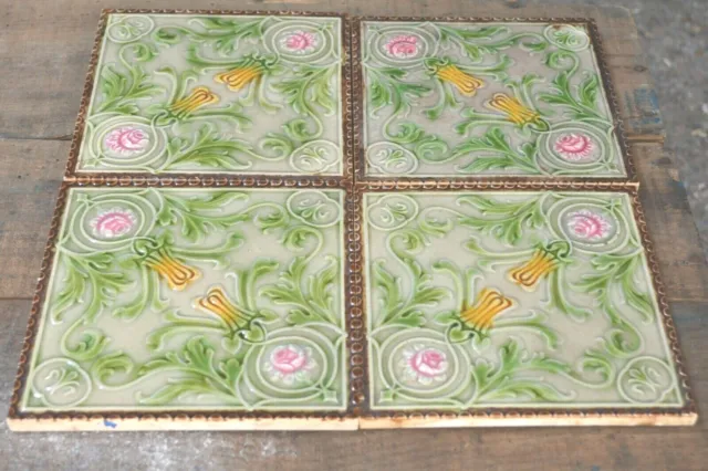 European Antique Art Nouveau Majolica 4-Set Tile C1900 2