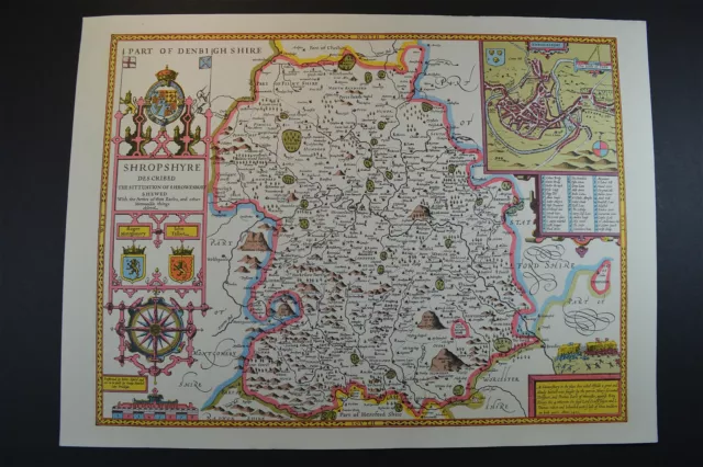 Vintage decorative sheet map of Shropshire Shrewsbury John Speede 1610