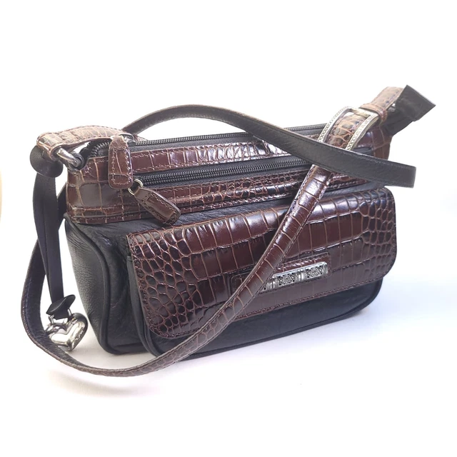 Vtg. Brighton Black Brown Croc Embossed Leather Organizer Wallet Crossbody Bag