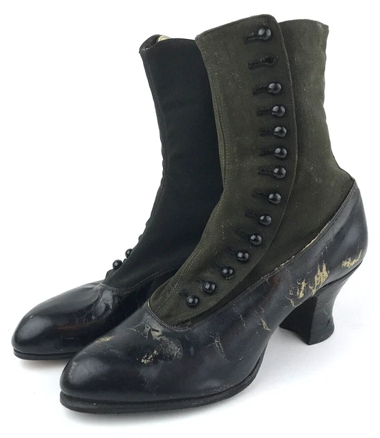 Antique Womens Ladies Button Up Boots Shoes High Heel Leather Canvas Mismatched