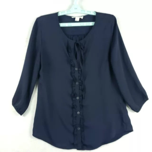 Forever 21 Woman Top Large Blue Button Up Tie Neckline Ruffle Sleeve Career Navy