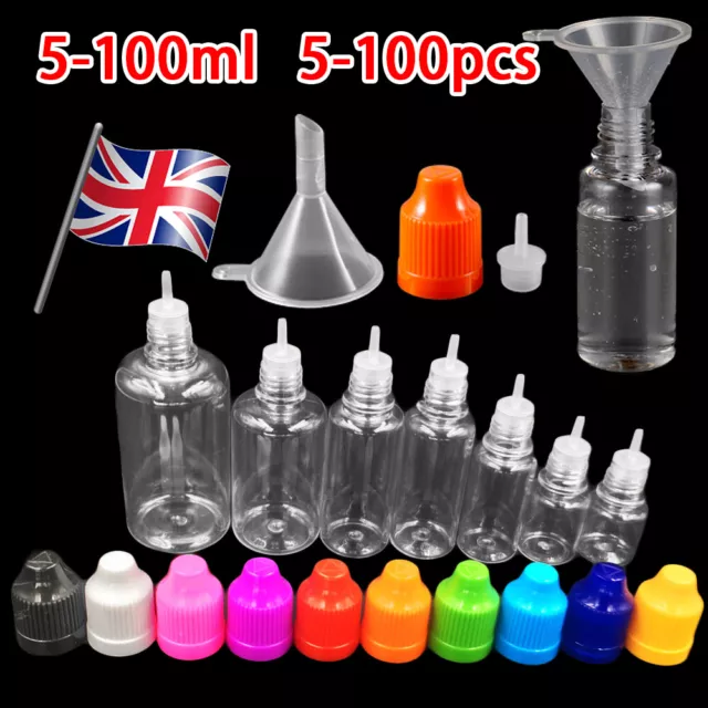 5-100ML Dropper Bottles+Funnels Long Tip PET Plastic Empty Bottles Liquid Oil UK