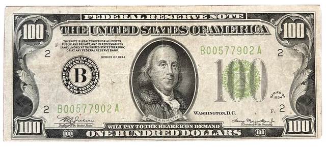 $100.00 1934 LGS LIME (Light Green Seal) U.S. FEDERAL RESERVE NOTE
