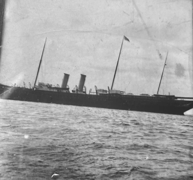Antique Glass Slide Ship -2 Funnel 3 Mast Possibly Passenger Ship Victorian ? 2