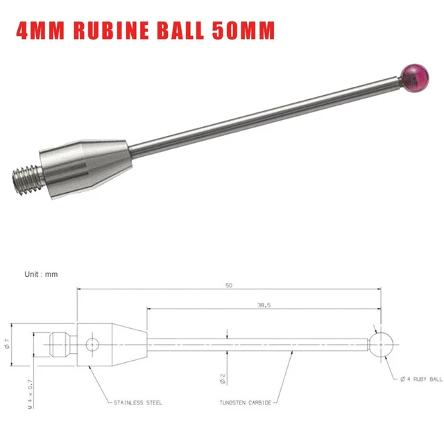 Stylet De Sonde CMM Avec Pointe En Rubis 4mm – Tige En Céramique, Filetage M3, Pour Mesures 3D De Précision