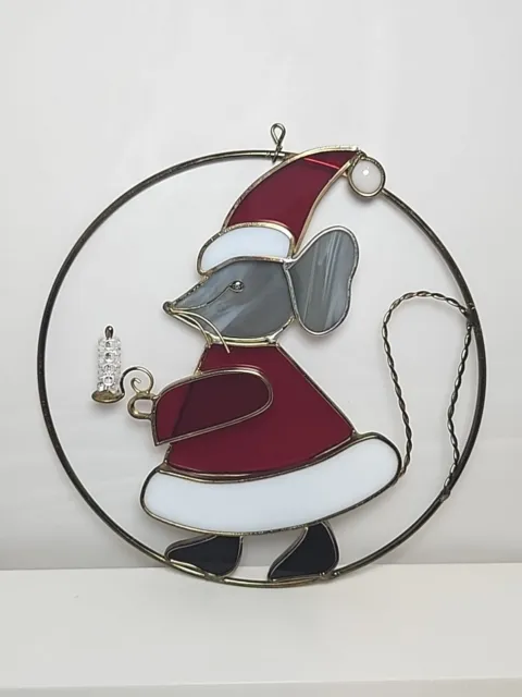 Vtg Christmas Mouse Stained Glass Metal Large Sun Catcher Window Decor 8.25"