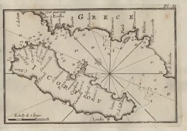 Corfu Ile Island Isola Grecia Mappa Roux Engraving 1764