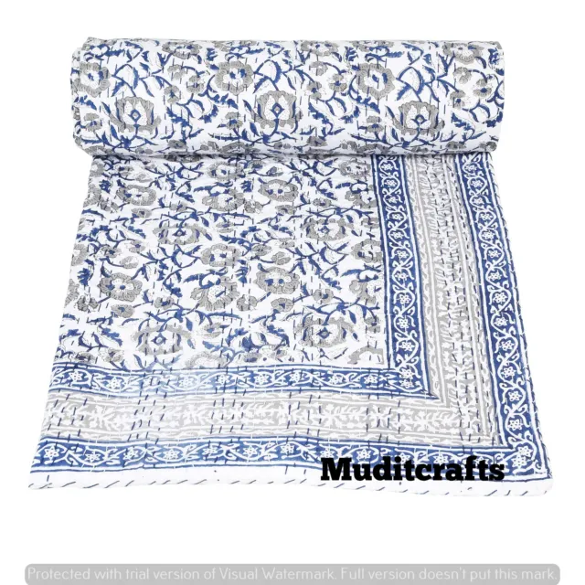 Indian Handmade Hand Block King Size Cotton Kantha Quilt Throw Blanket Bedspread