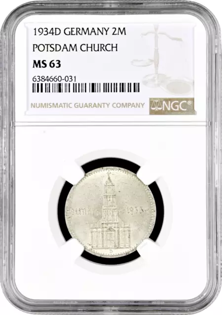 Germany - Third Reich 2 reichsmark 1934 D, NGC MS63, "Potsdam Garrison Church"