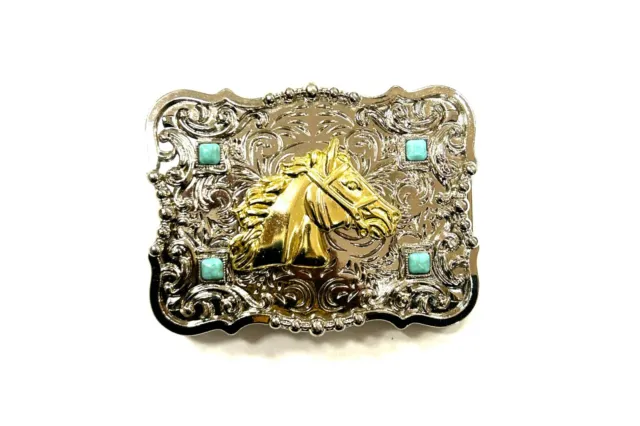 Western Horse Head Buckle Men Unisex Turquoise Silver Square Engraved Fit 2''