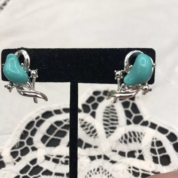 Rare Vintage Coro 1940’s Styled Faux Turquoise Ear Clips – Signed 2